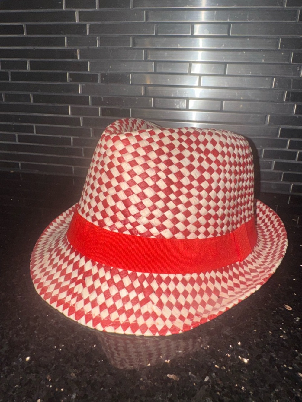 Red and Cream Woven Fedora with Red Band